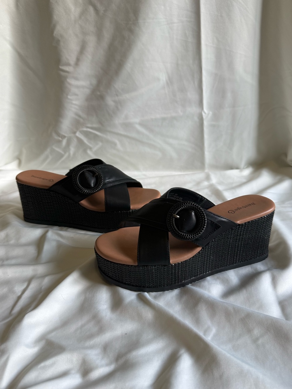 BareTraps Black Platform Wedge Slide Sandals with Buckle
